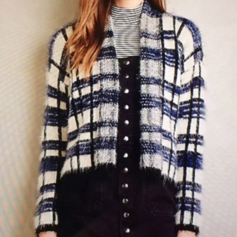 Anthropologie La Fee Verte Plaid Eyelash Cardigan Blue - Size Large